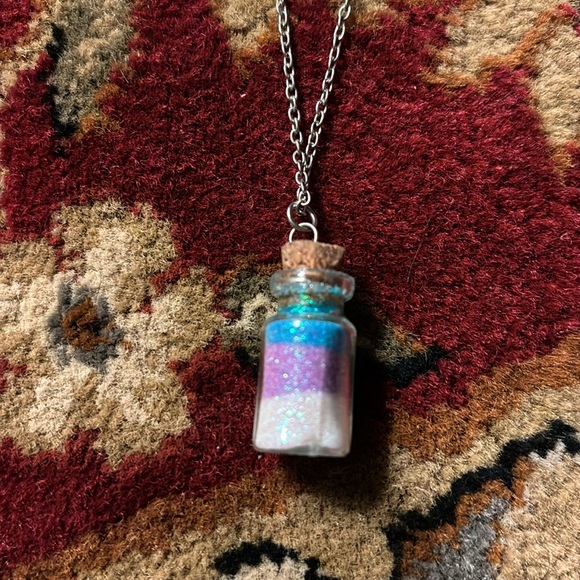 Teal, purple and white sparkly and in a bottle necklace silver color chain - Picture 1 of 2